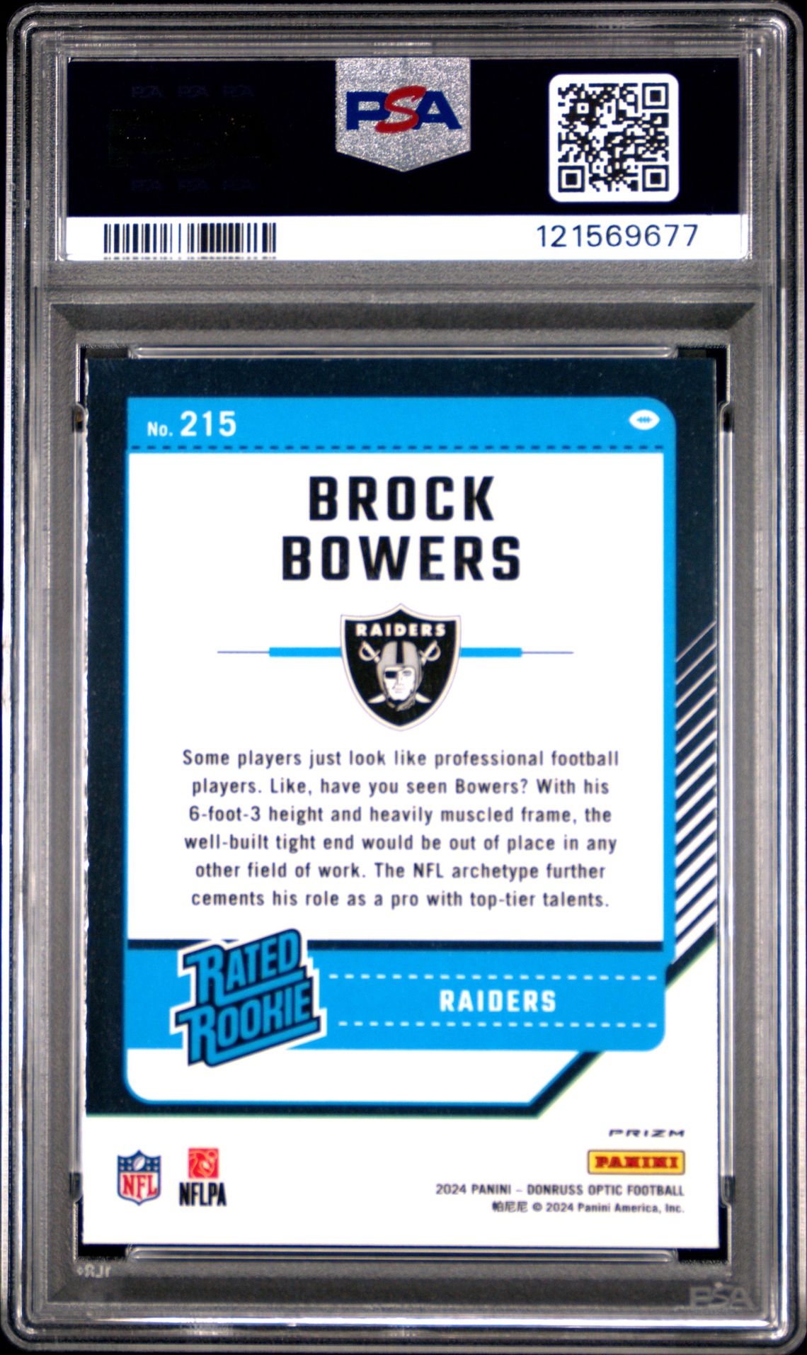 2024 Panini Donruss Optic Brock Bowers #215 (Blue Glitter) Gem Mt 10 back