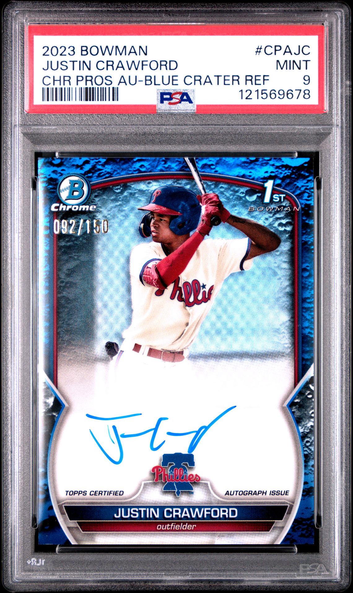 2023 Bowman Chrome Prospect Autographs Justin Crawford #Cpajc (Chr Pros Au-Blue Crater Ref) Mint 9 front