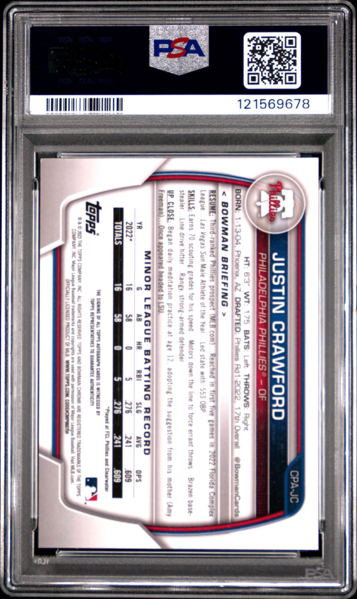 2023 Bowman Chrome Prospect Autographs Justin Crawford #Cpajc (Chr Pros Au-Blue Crater Ref) Mint 9 back