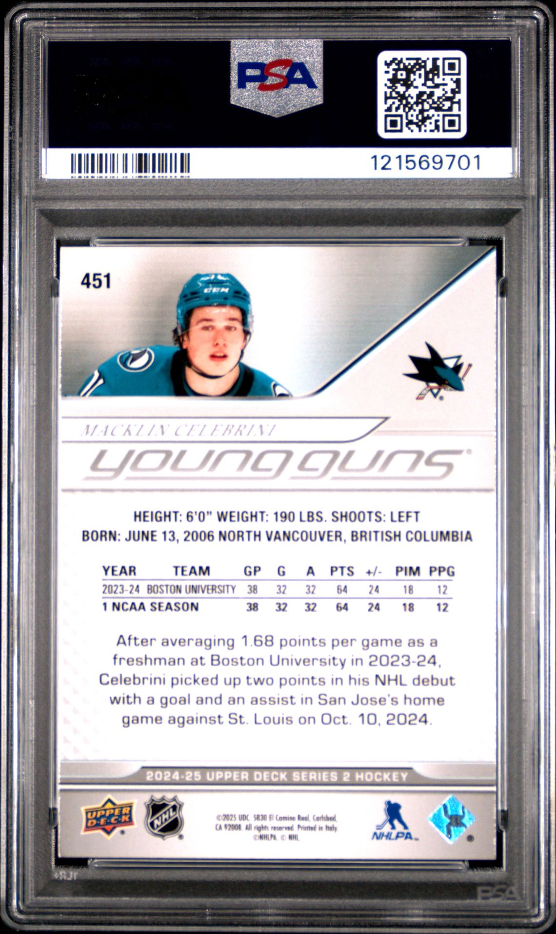 2024 Upper Deck Macklin Celebrini #451 Mint 9 back