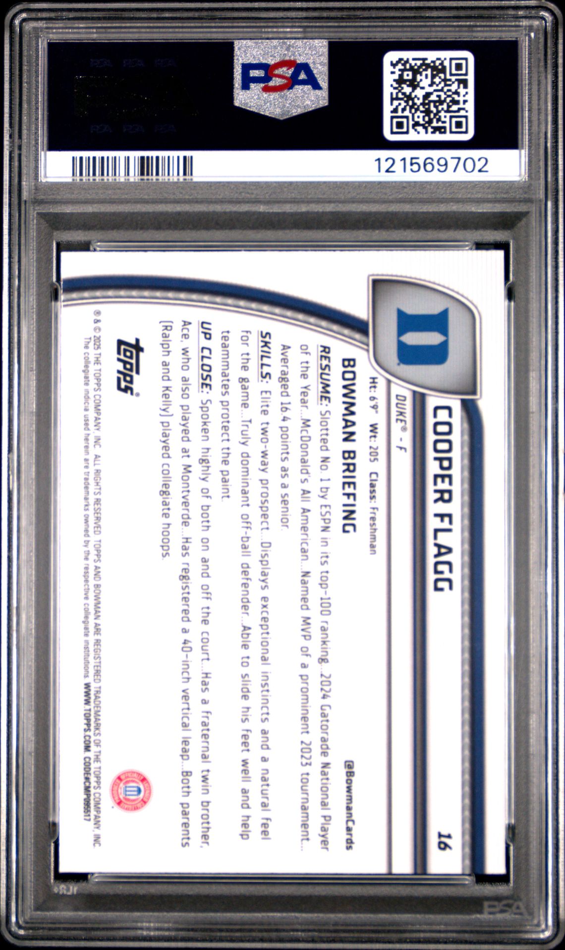 2024 Bowman Chrome University Cooper Flagg #16 (Black Wave) Gem Mt 10 back