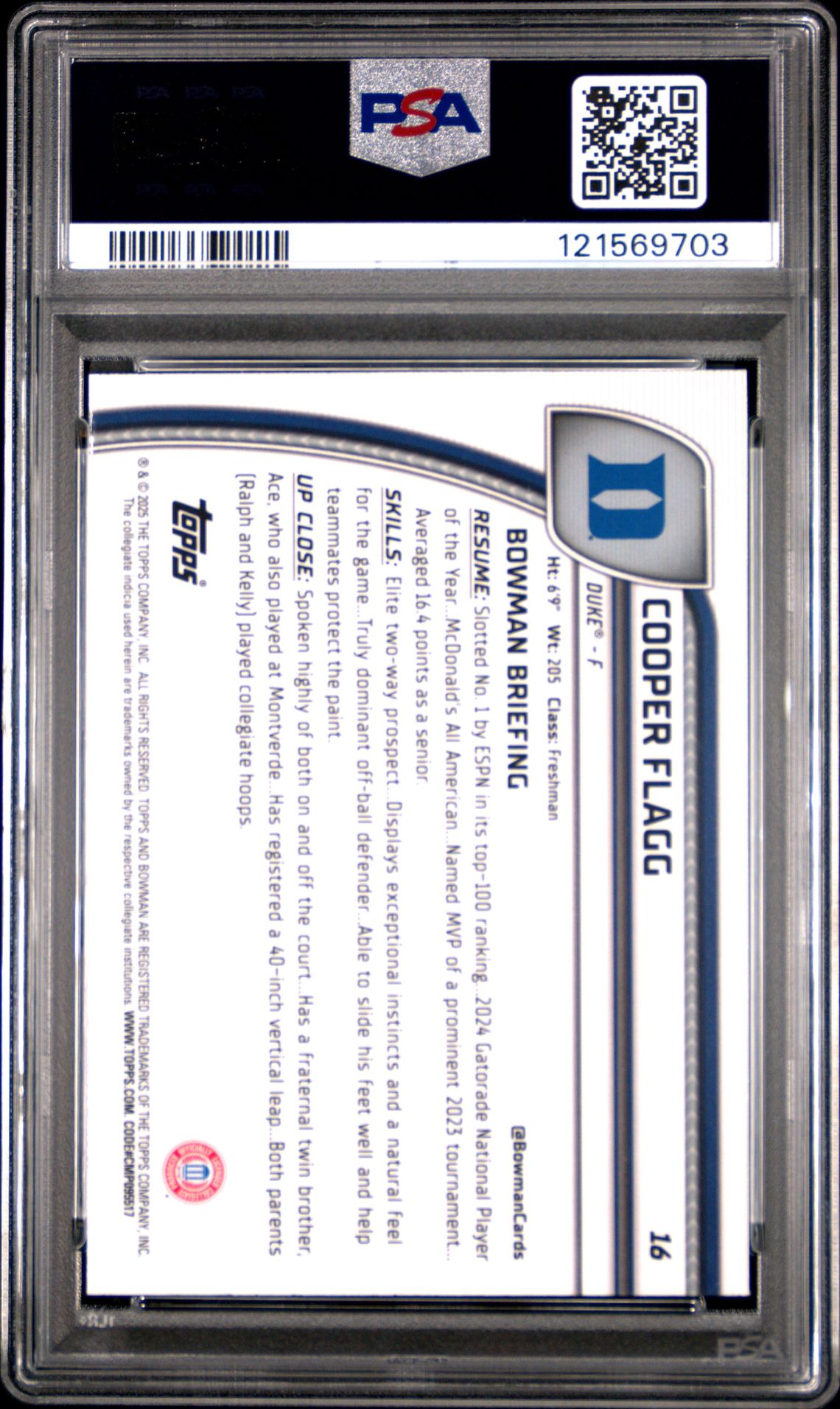 2024 Bowman Chrome University Cooper Flagg #16 (Green Shimmer) Gem Mt 10 back