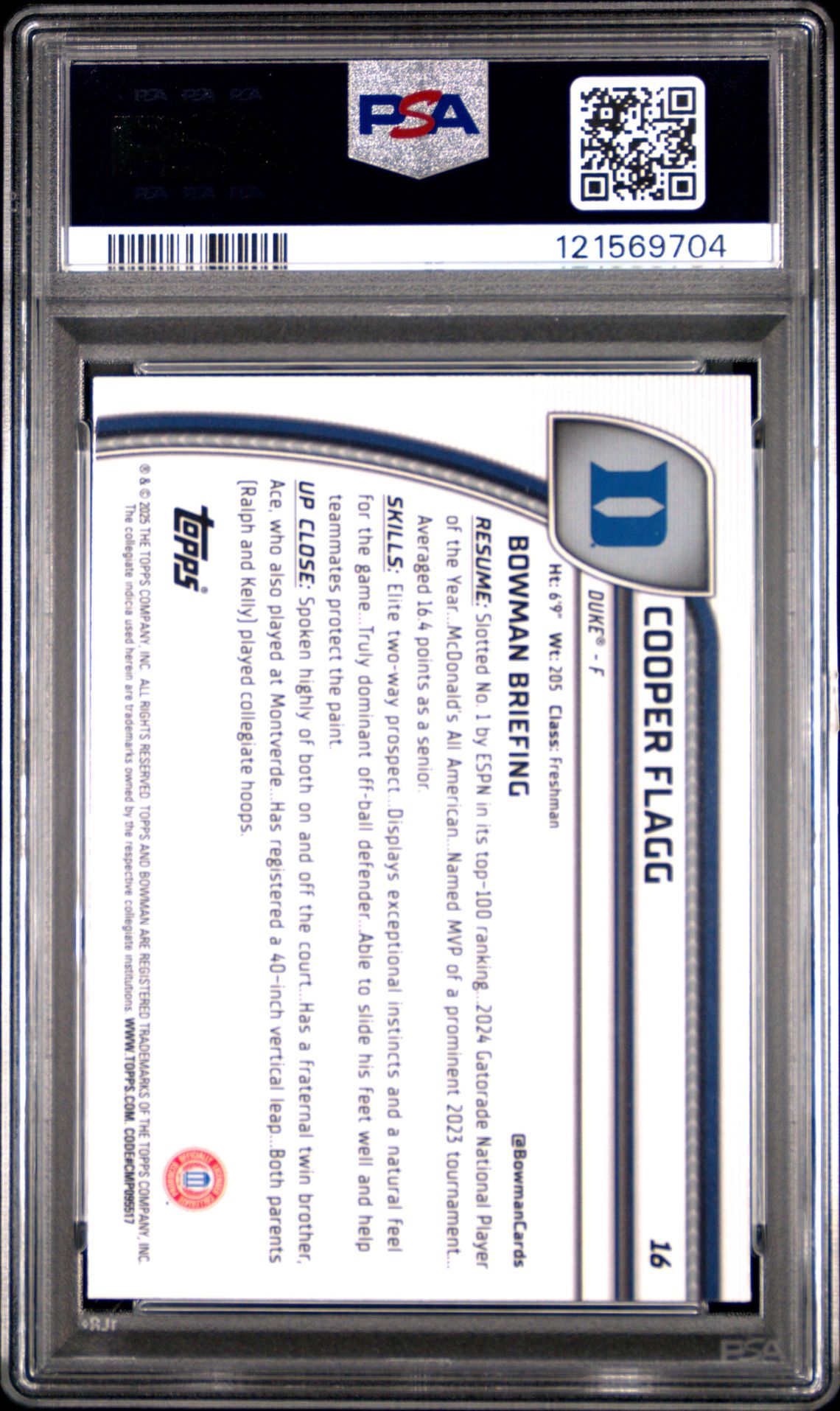 2024 Bowman Chrome University Cooper Flagg #16 (Purple Lava) Mint 9 back