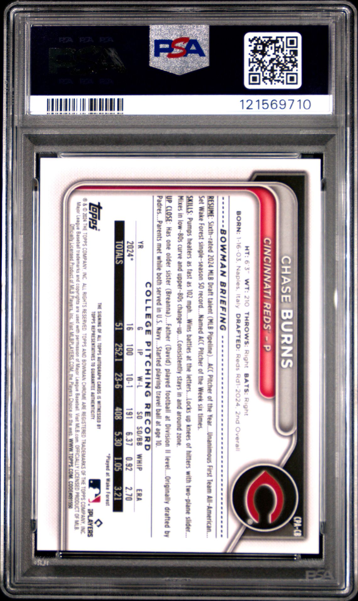 2024 Bowman Draft Chrome Prospect Autographs Chase Burns #Cpacb Gem Mt 10 back