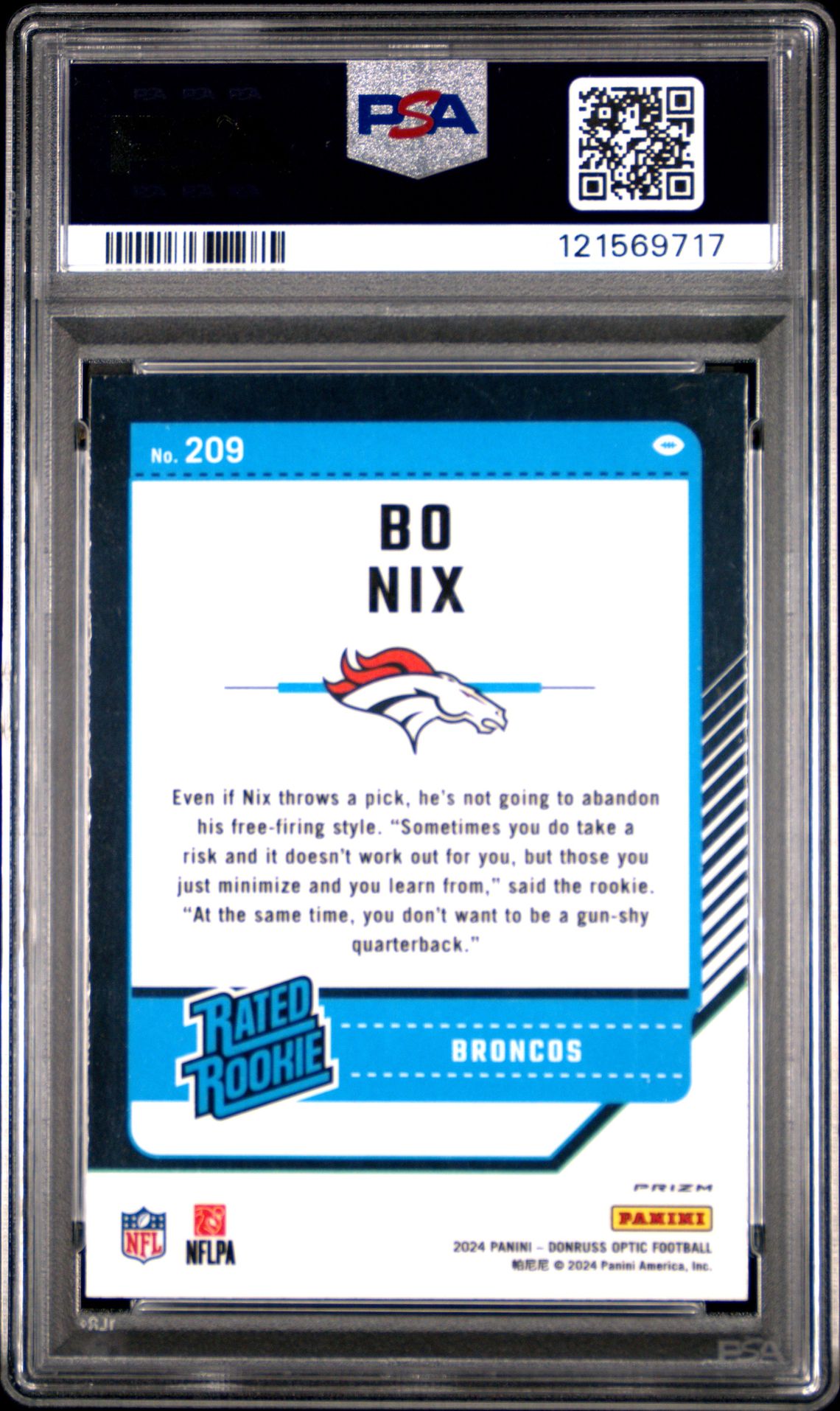 2024 Panini Donruss Optic Bo Nix #209 (Purple Scope) Gem Mt 10 back