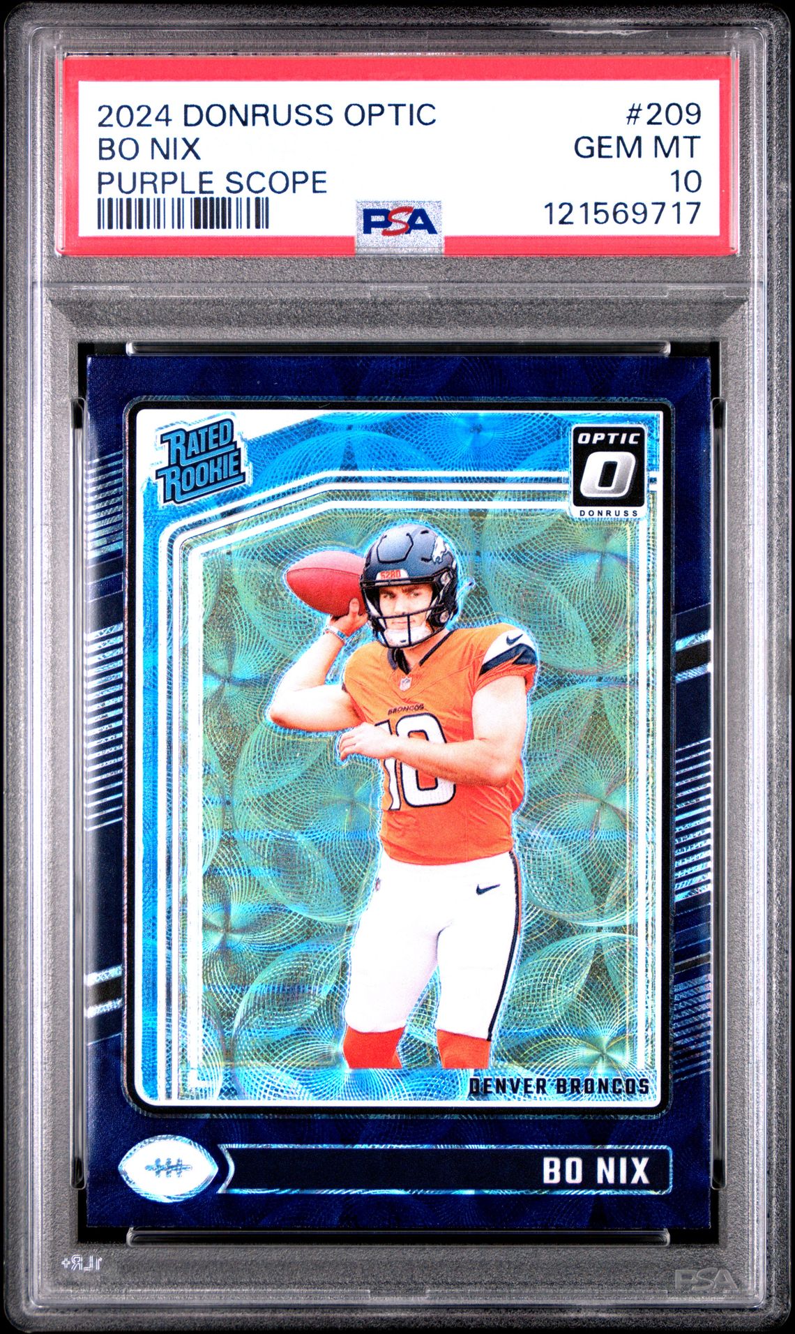 2024 Panini Donruss Optic Bo Nix #209 (Purple Scope) Gem Mt 10 front