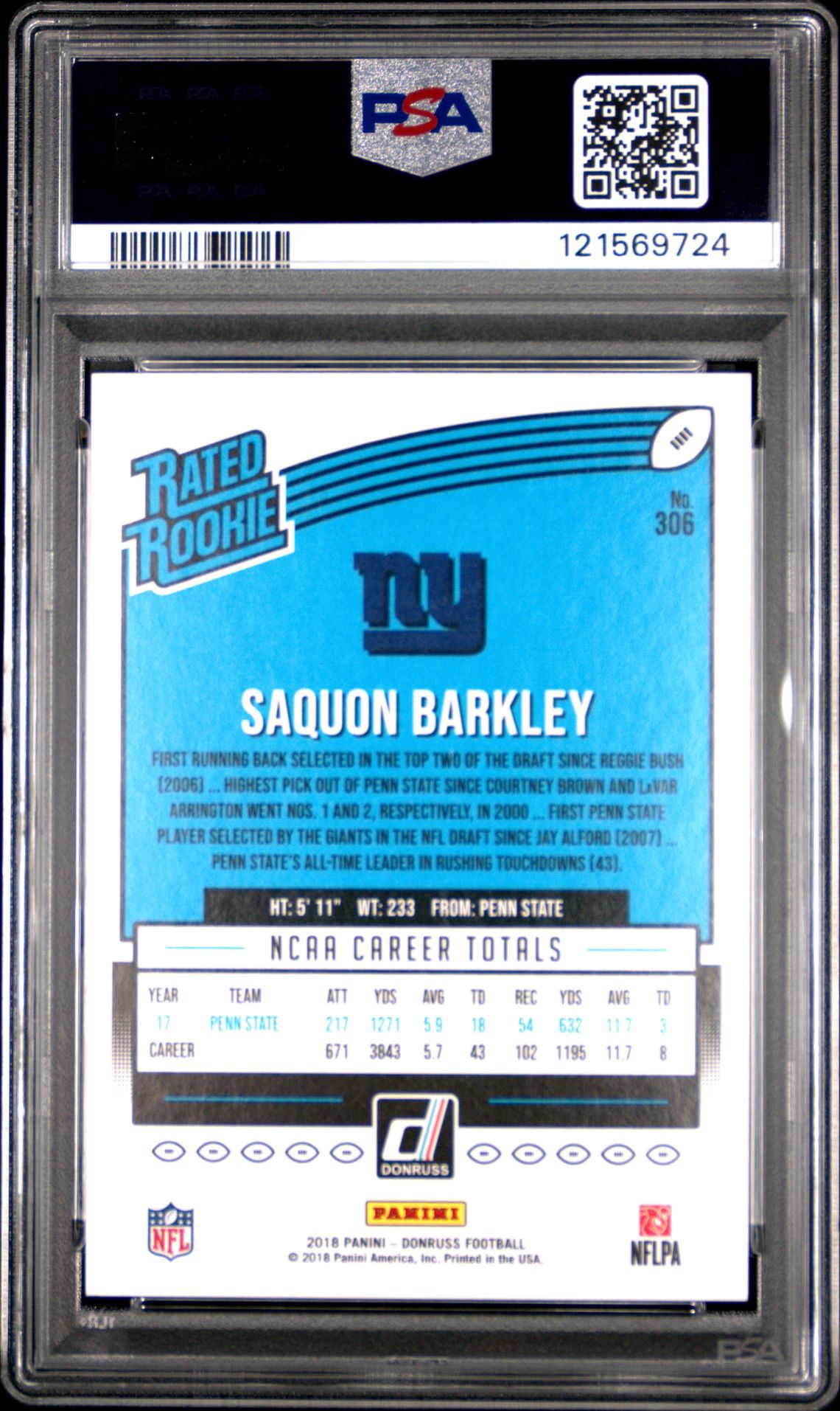2018 Panini Donruss Saquon Barkley #306 Gem Mt 10 back