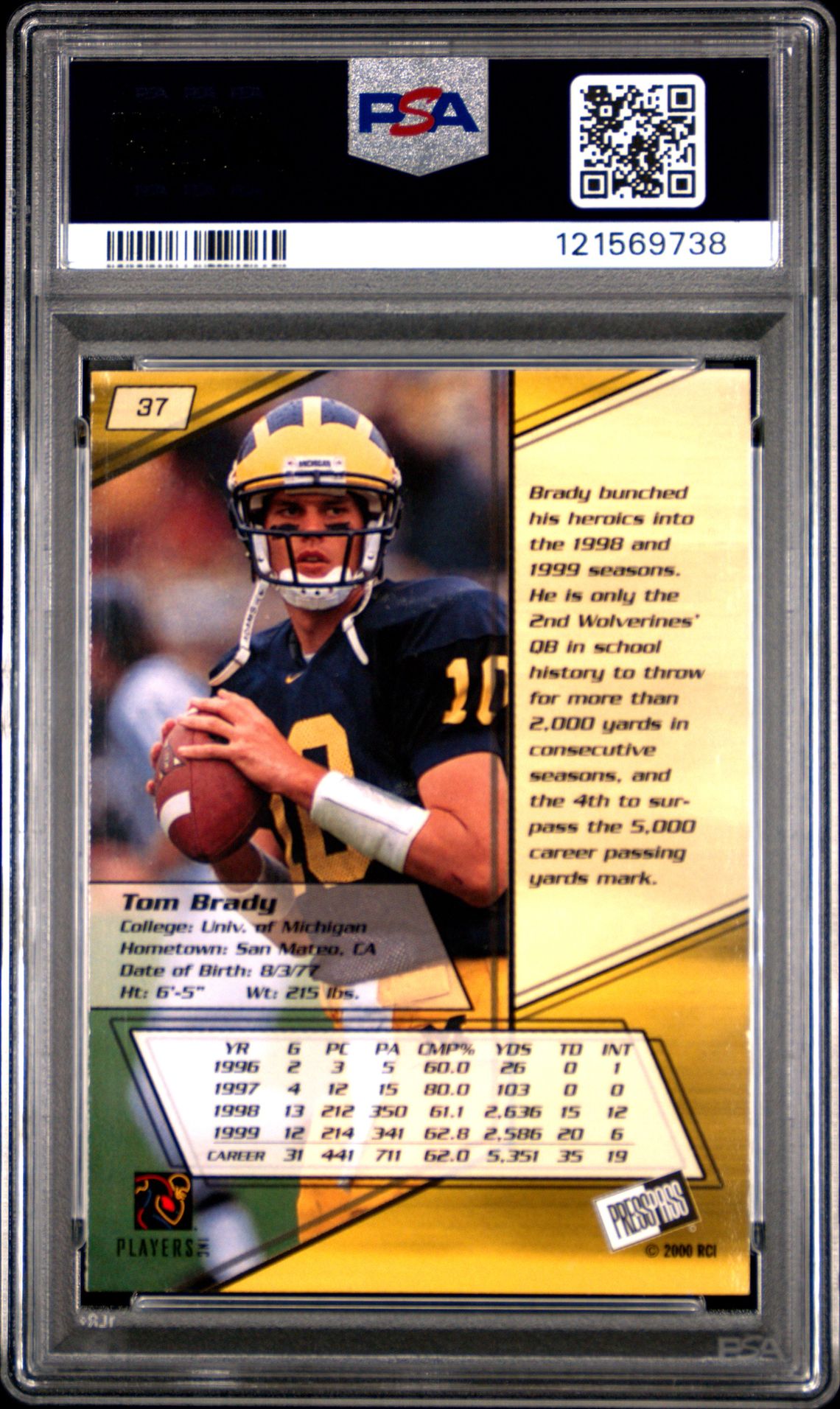 2000 Press Pass Tom Brady #37 Nm-Mt 8 back