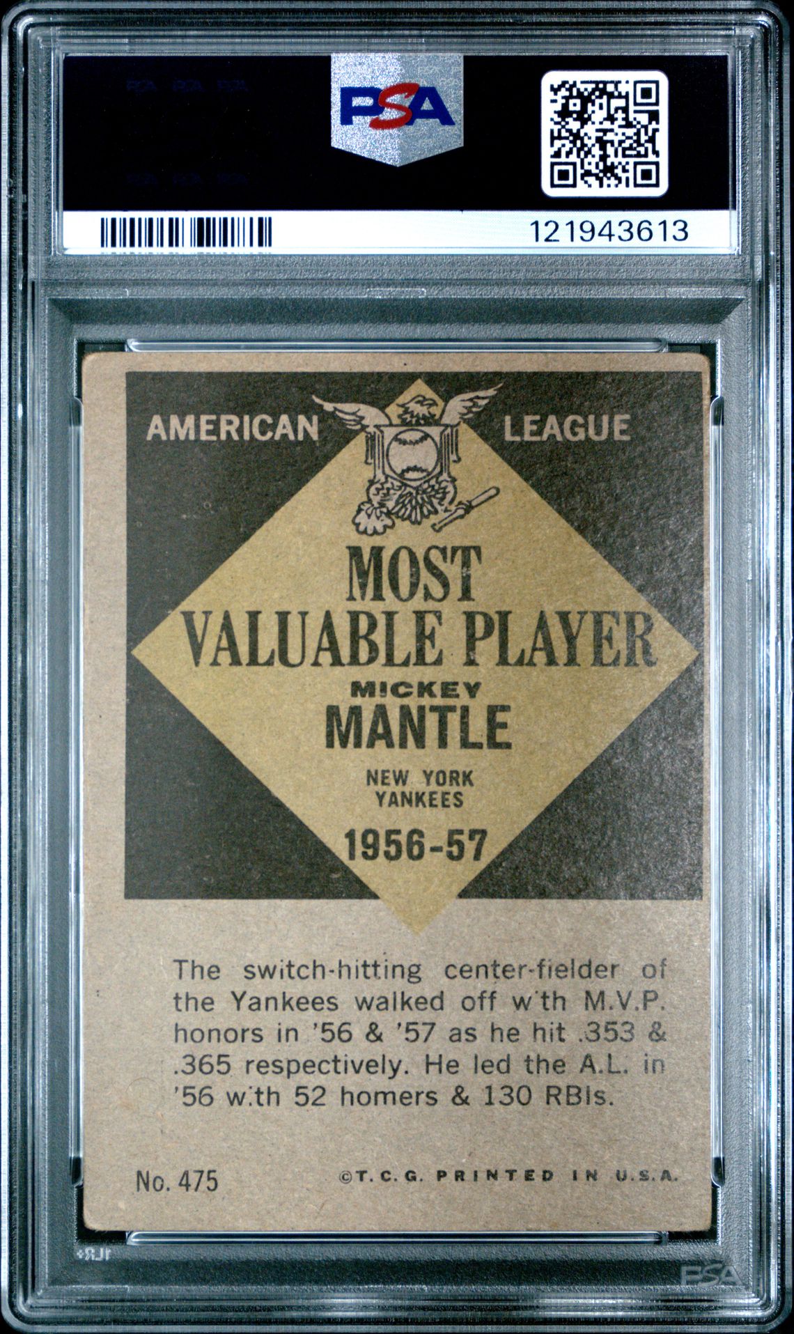 1961 Topps Mickey Mantle #475 (Mvp) Vg 3 back