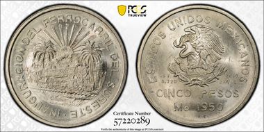 1950-Mo 5 Peso Southeastern Railroad KM-466  Ag MS65