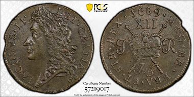 1689 July Shil S-6581A Gun Money AU58