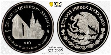 2007-Mo 10 Peso Queretaro Arteaga KM-838  Ag PR69DCAM