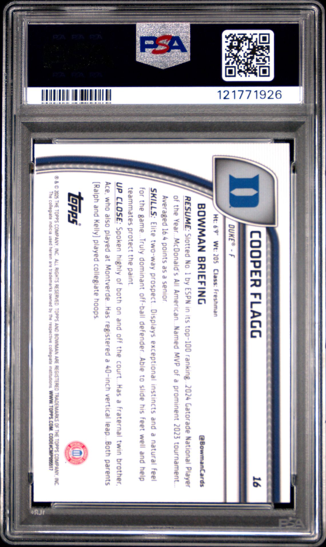 2024 Bowman Chrome University Cooper Flagg #16 (Black Wave) Gem Mt 10 back
