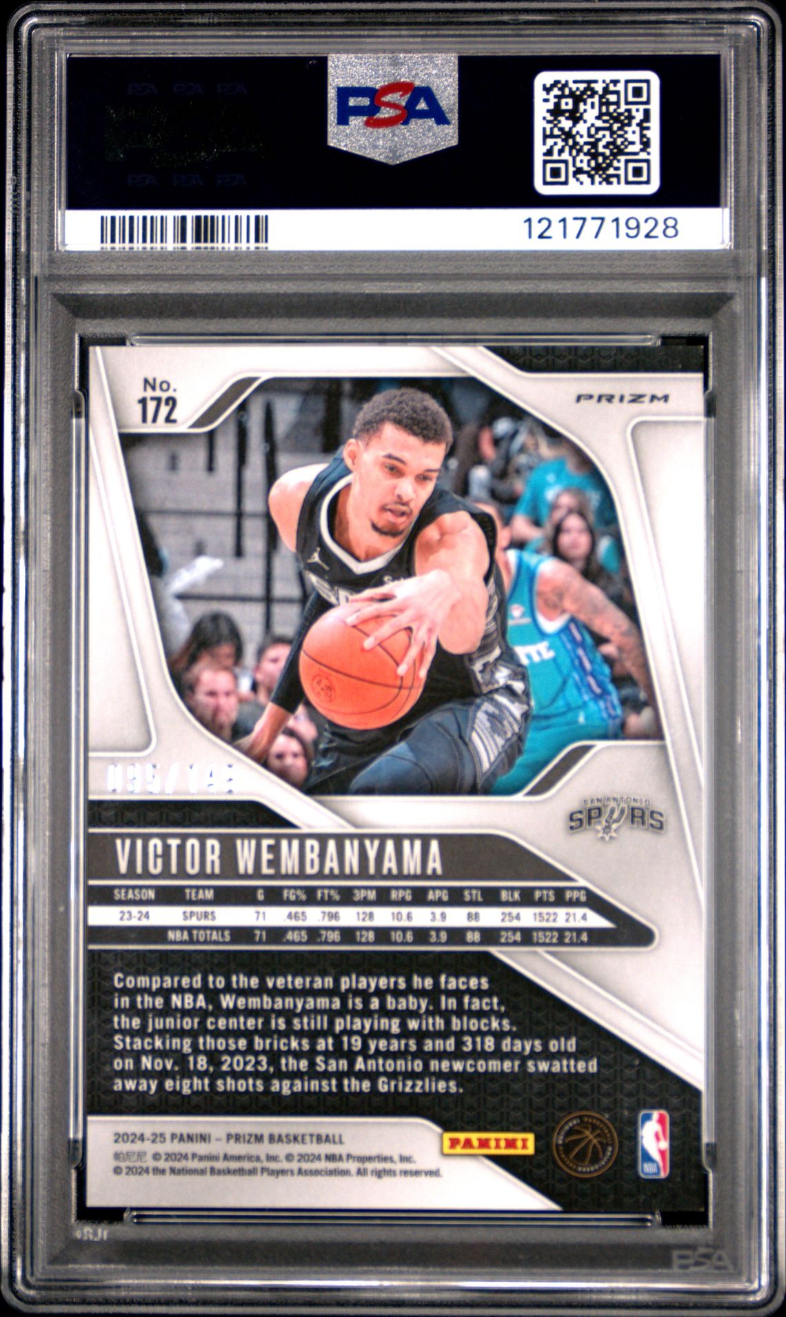 2024 Panini Prizm Victor Wembanyama #172 (Purple Ice) Gem Mt 10 back