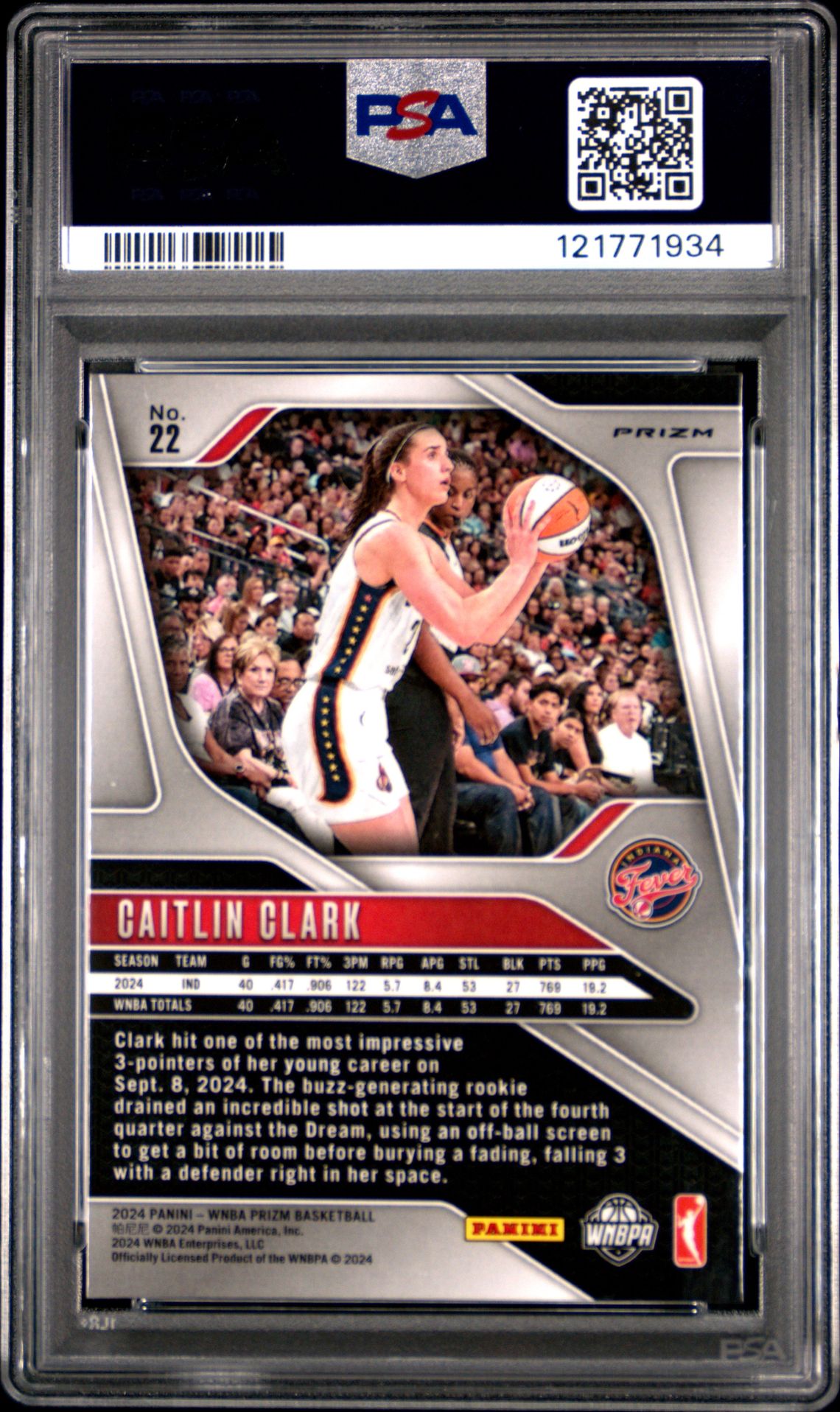 2024 Panini Prizm Wnba Caitlin Clark #22 (Green Prizm) Gem Mt 10 back