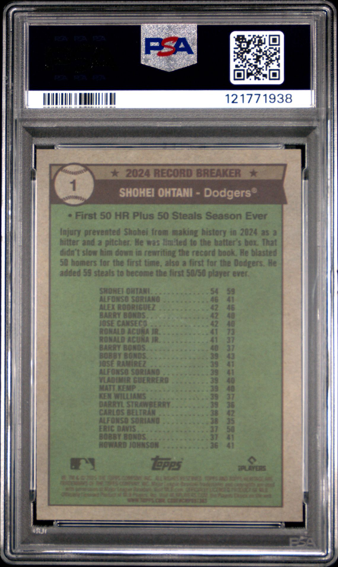 2025 Topps Heritage Shohei Ohtani #1 (Chrome-Aqua Sparkle Ref) Gem Mt 10 back