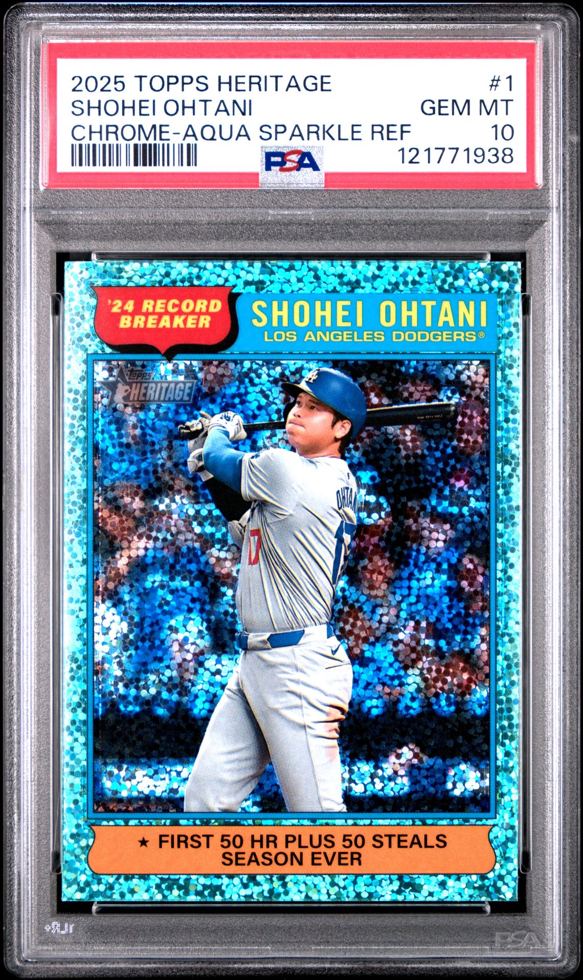 2025 Topps Heritage Shohei Ohtani #1 (Chrome-Aqua Sparkle Ref) Gem Mt 10 front