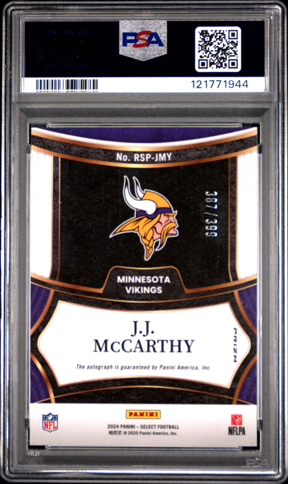 2024 Panini Select Rookie Signatures Jj Mccarthy #Rspjmy Gem Mt 10 back