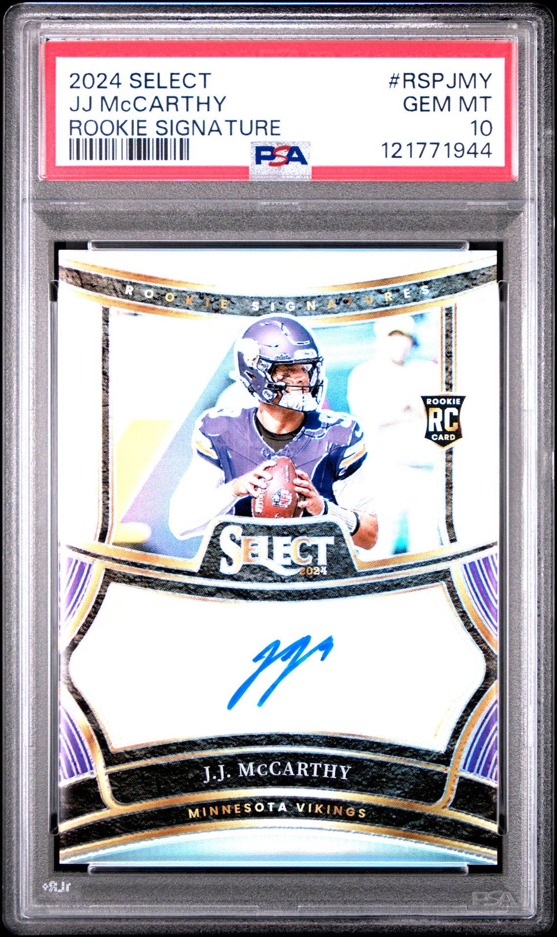 2024 Panini Select Rookie Signatures Jj Mccarthy #Rspjmy Gem Mt 10 front