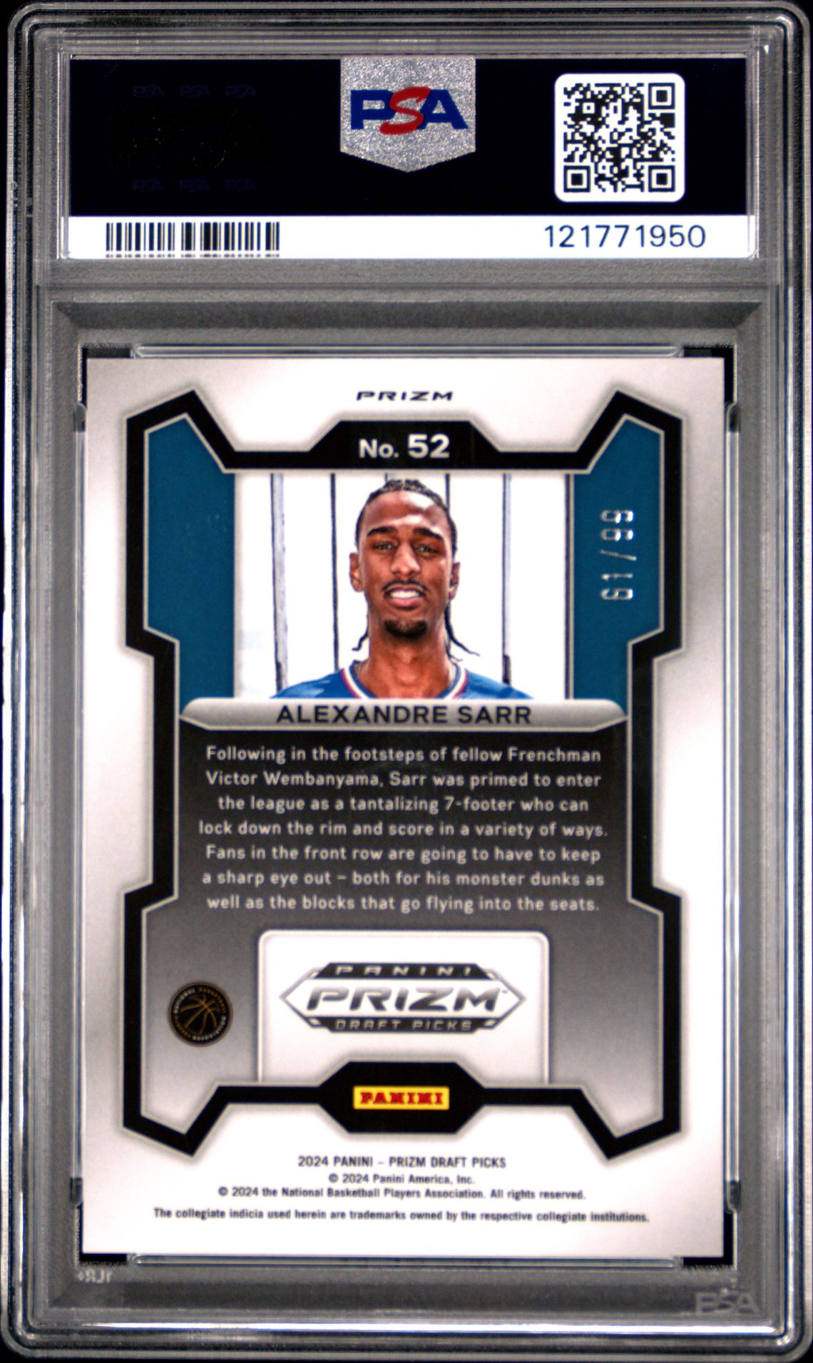2024 Panini Prizm Draft Picks Alexandre Sarr #52 (Blue Ice) Gem Mt 10 back