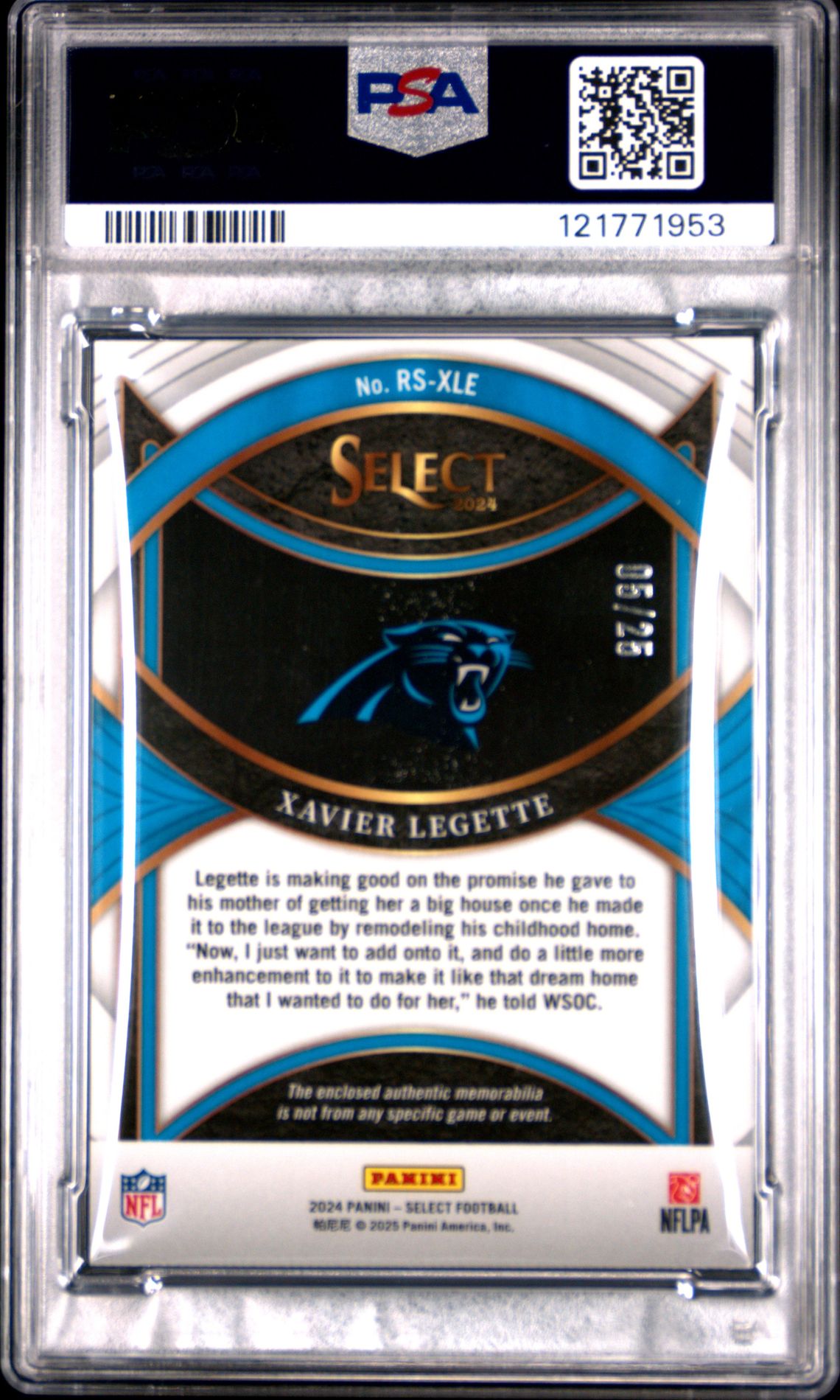 2024 Panini Select Rookie Swatches Xavier Legette #Rsxle (Rookie Swatch-Tie-Dye Prizm) Gem Mt 10 back
