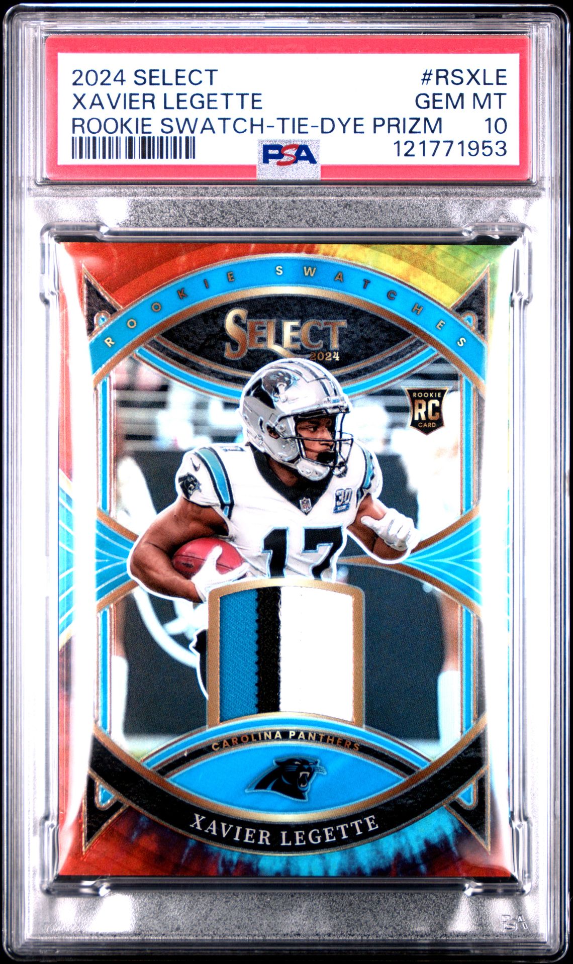 2024 Panini Select Rookie Swatches Xavier Legette #Rsxle (Rookie Swatch-Tie-Dye Prizm) Gem Mt 10 front