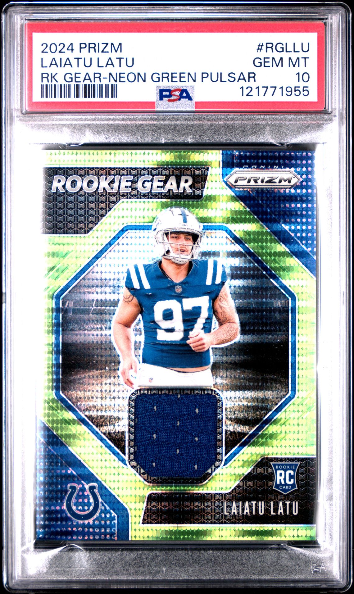 2024 Panini Prizm Rookie Gear Laiatu Latu #Rgllu (Rk Gear-Neon Green Pulsar) Gem Mt 10 front