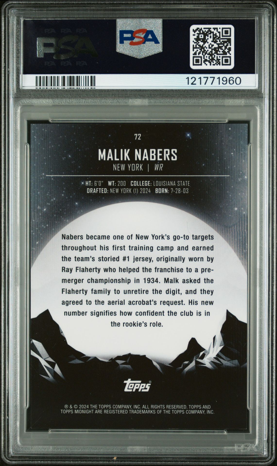 2024 Topps Midnight Malik Nabers #72 (Twilight) Gem Mt 10 back