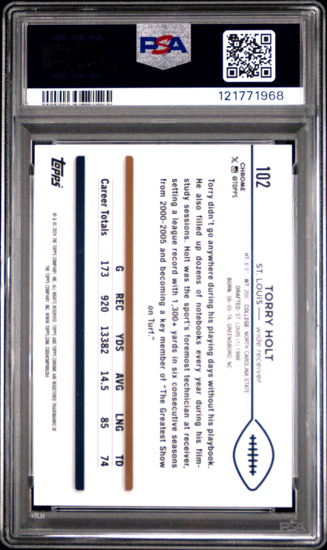 2024 Topps Chrome Torry Holt #102 (White Geometric) Gem Mt 10 back