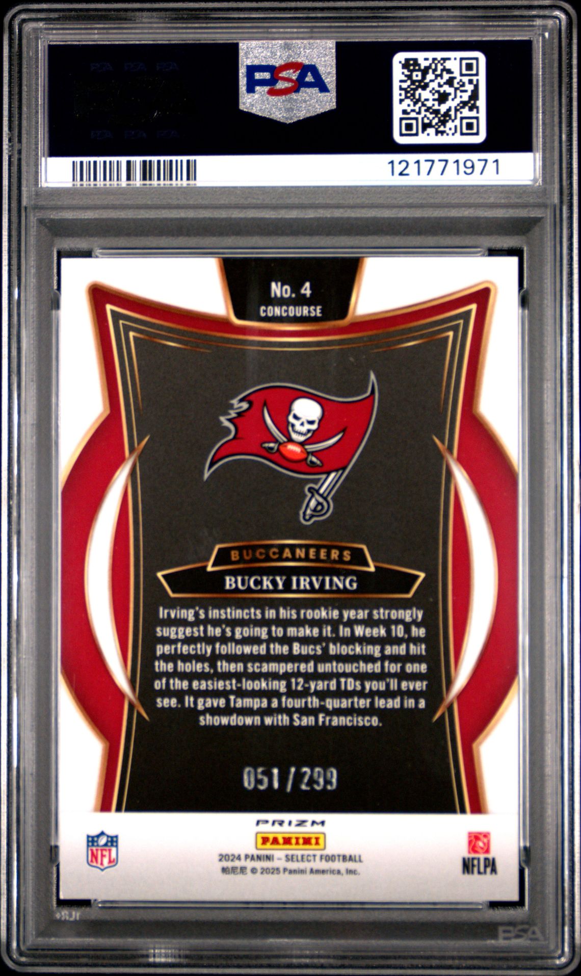 2024 Panini Select Bucky Irving #4 (Tri-Color Prizm) Mint 9 back