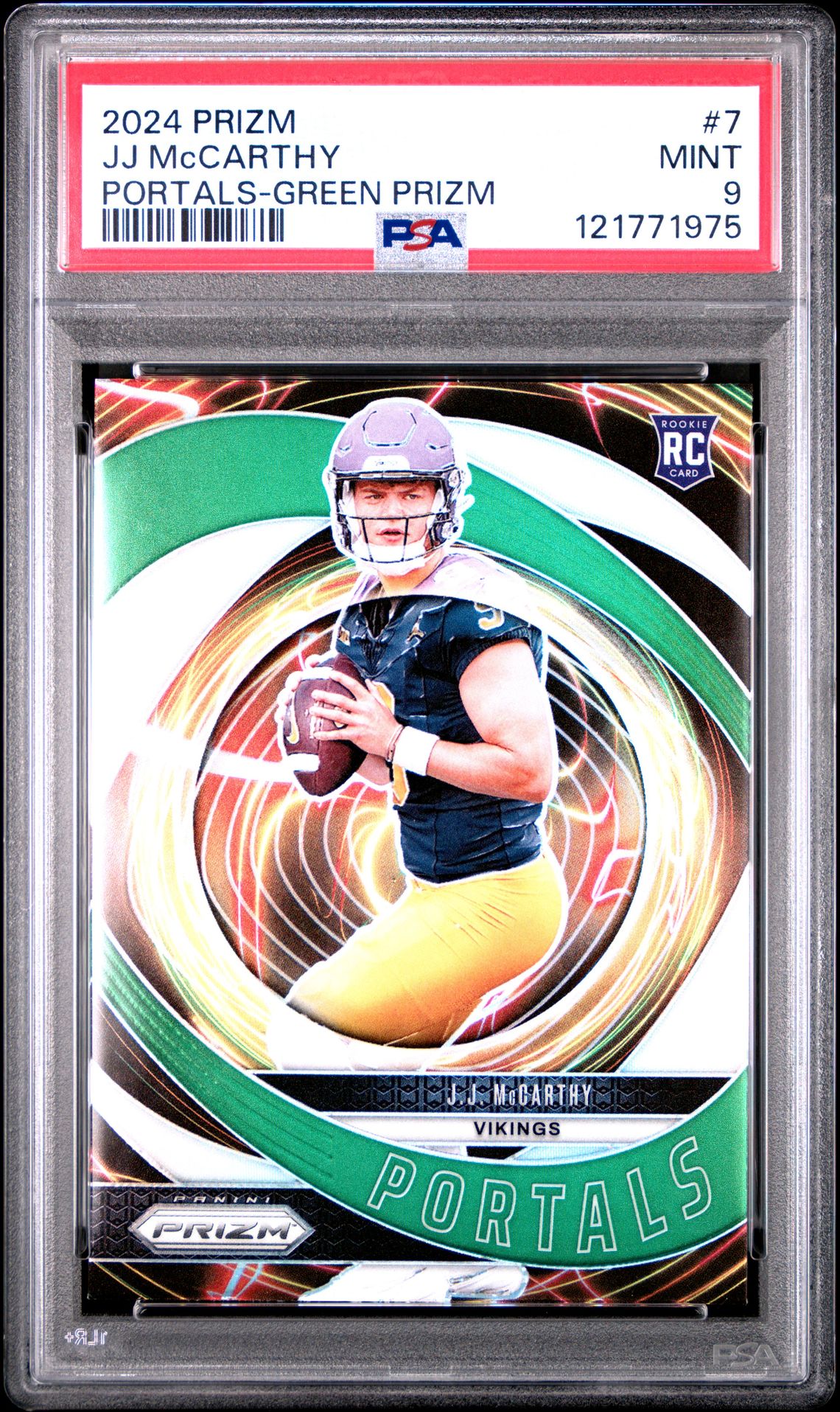 2024 Panini Prizm Portals Jj Mccarthy #7 (Portals-Green Prizm) Mint 9 front