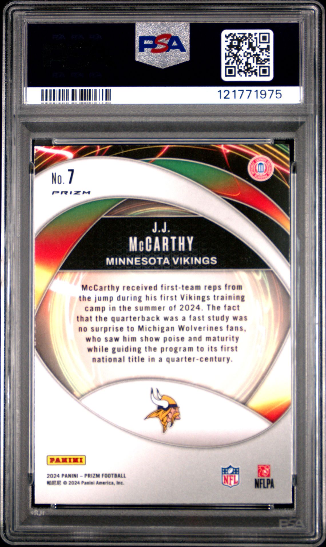 2024 Panini Prizm Portals Jj Mccarthy #7 (Portals-Green Prizm) Mint 9 back