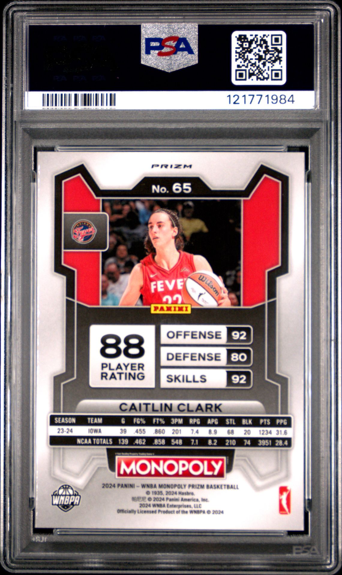2024 Panini Prizm Monopoly Wnba Caitlin Clark #65 (Silver Prizm) Gem Mt 10 back