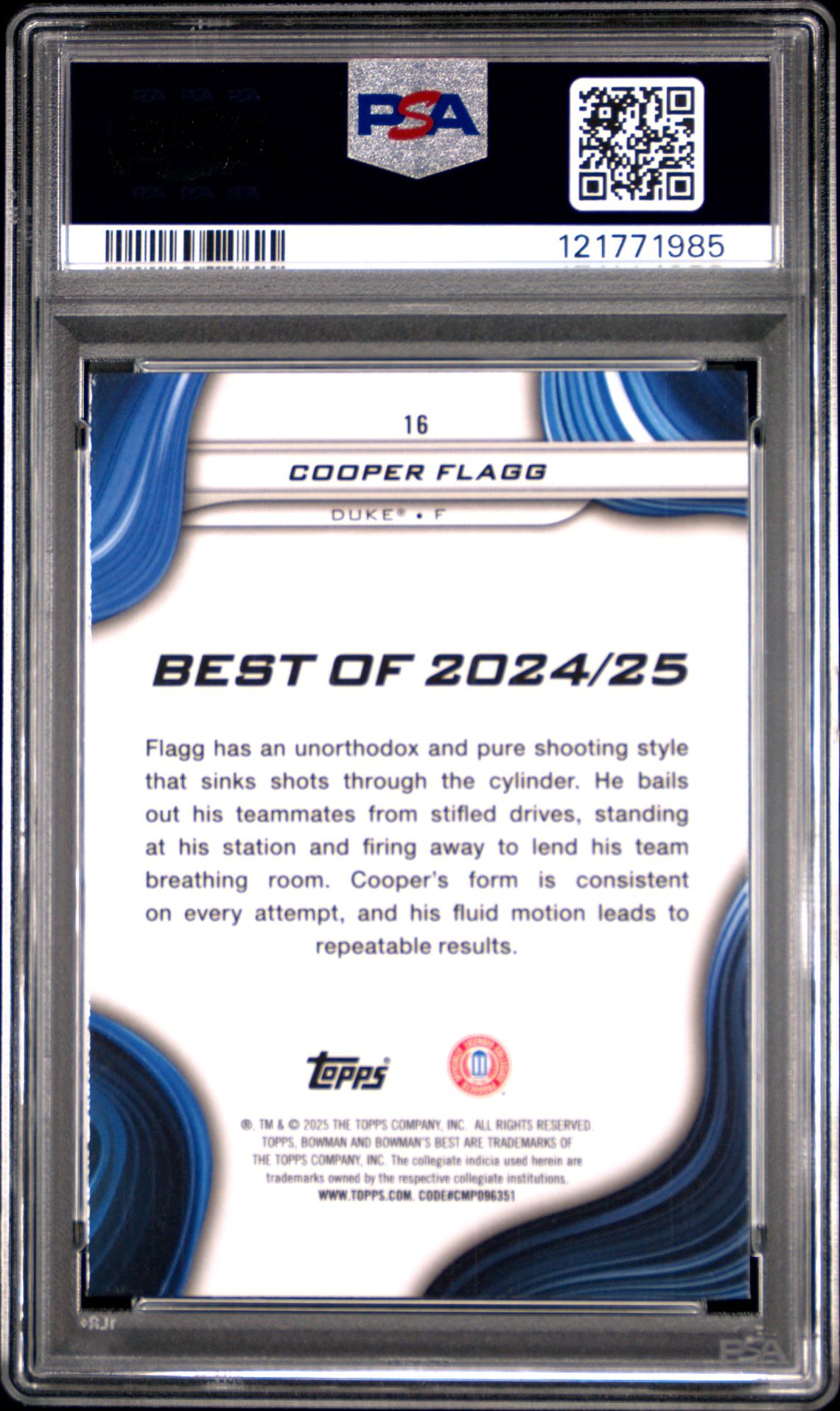 2024 Bowman University Best Cooper Flagg #16 (Green Mini Diamond) Gem Mt 10 back