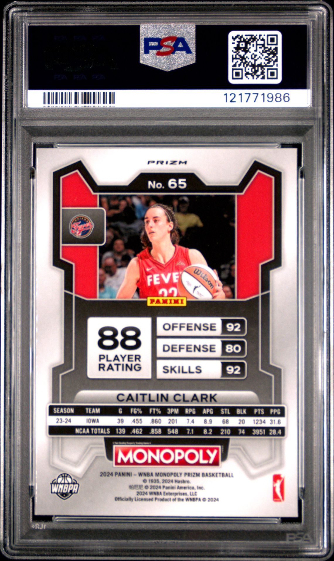2024 Panini Prizm Monopoly Wnba Caitlin Clark #65 (Silver Prizm) Gem Mt 10 back