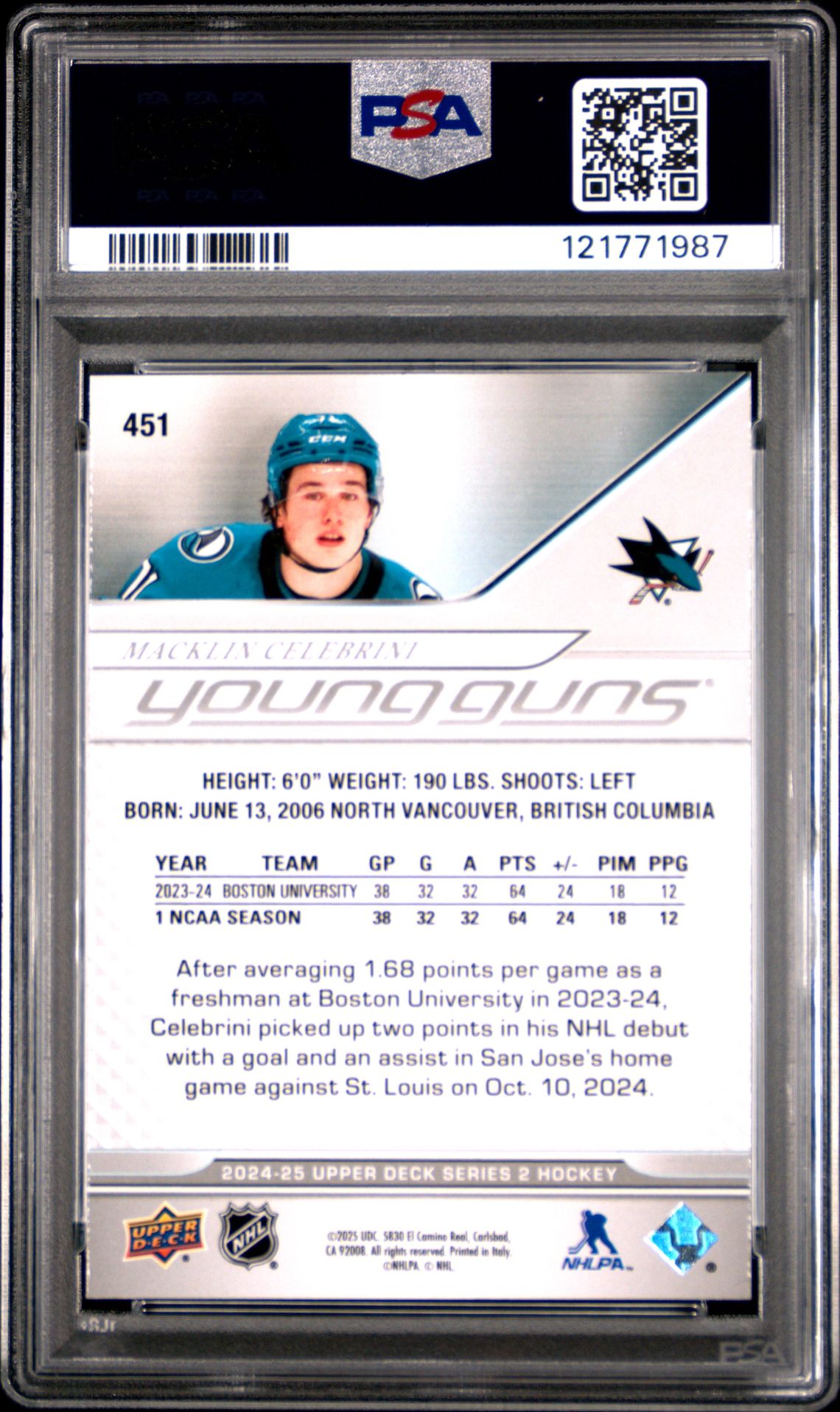 2024 Upper Deck Macklin Celebrini #451 Mint 9 back