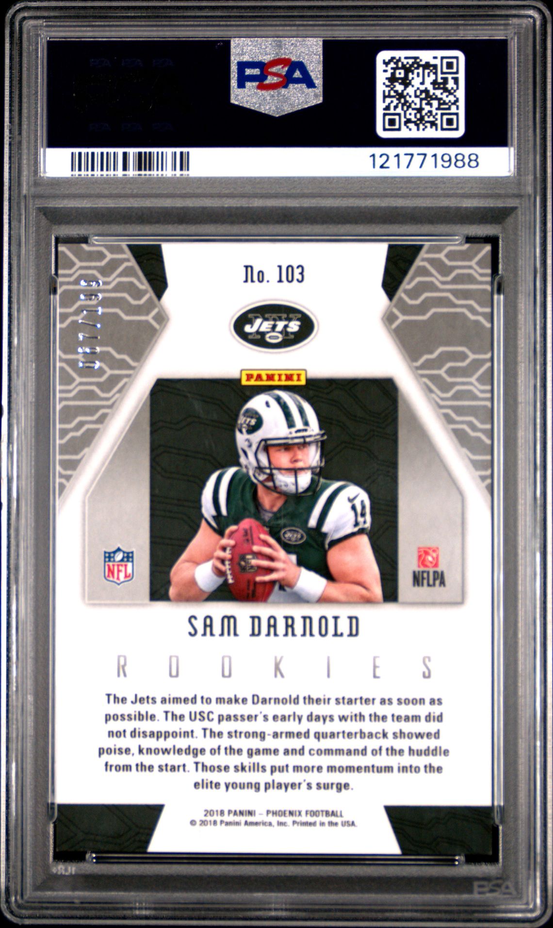 2018 Panini Phoenix Sam Darnold #103 (Pink) Gem Mt 10 back