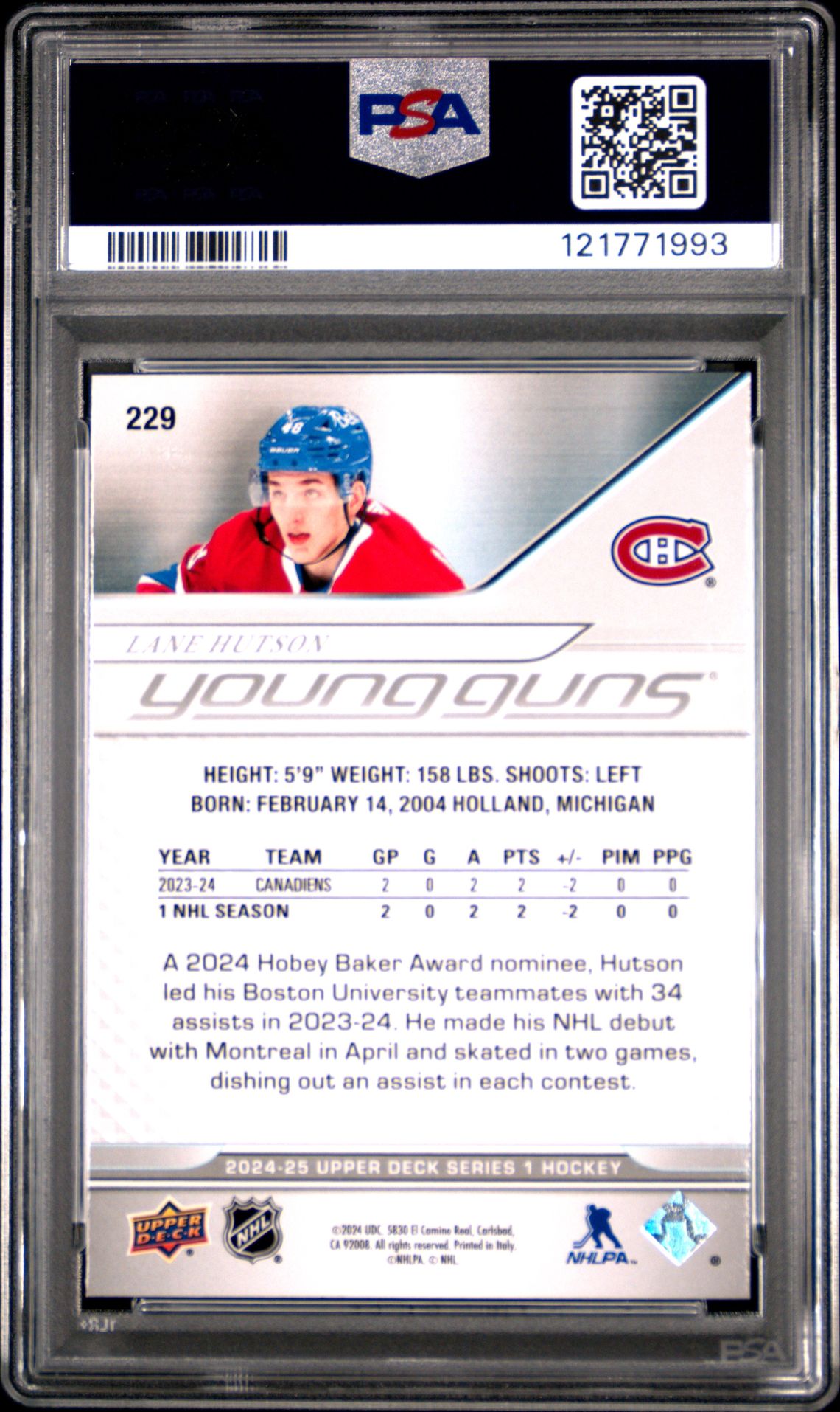 2024 Upper Deck Lane Hutson #229 Gem Mt 10 back