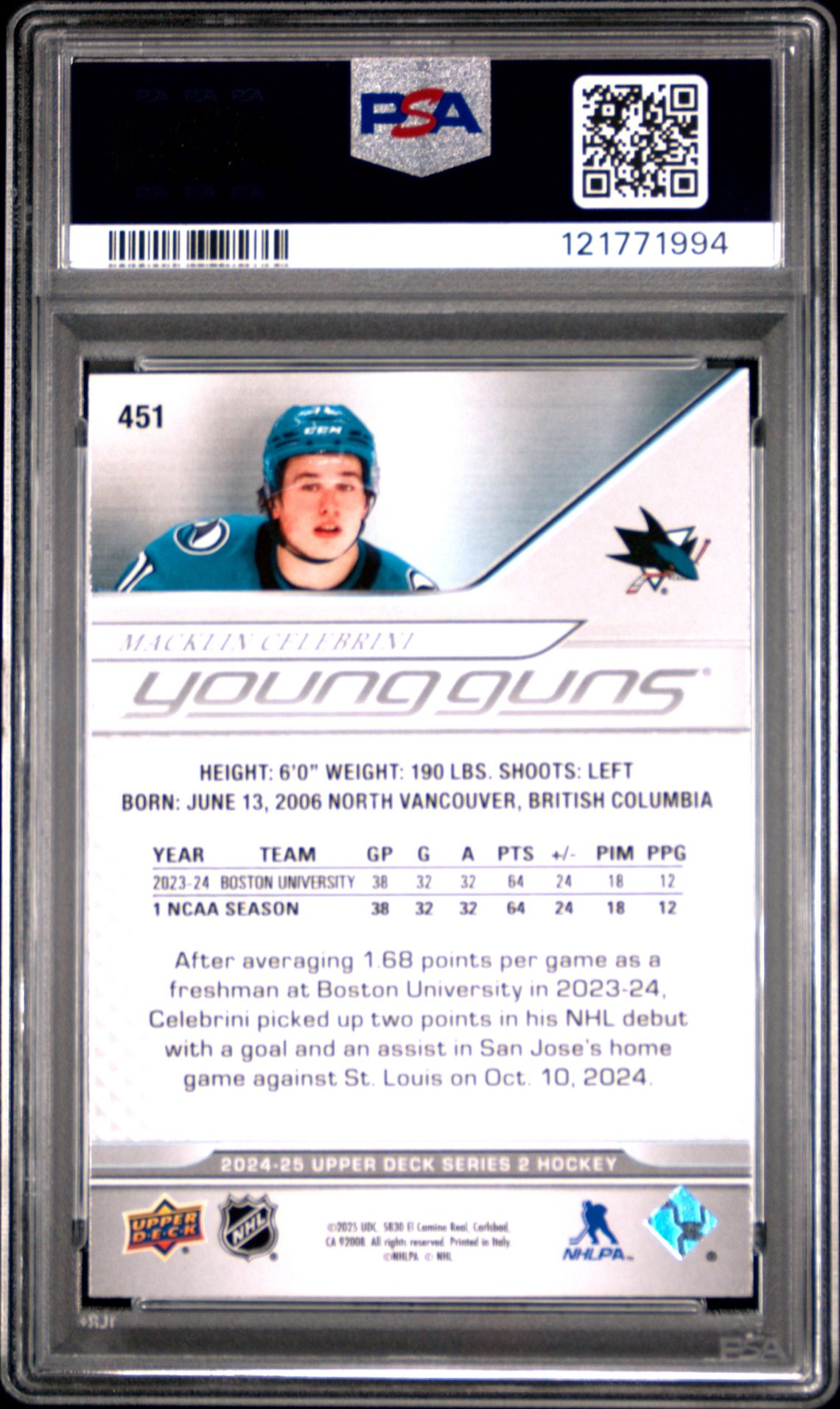 2024 Upper Deck Macklin Celebrini #451 Mint 9 back