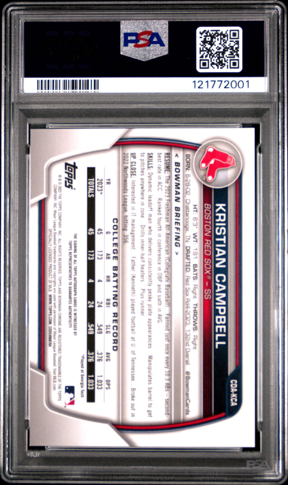 2023 Bowman Draft Chrome Prospect Autograph Kristian Campbell #Cdakca (Chrome Prospect Au) Mint 9 back