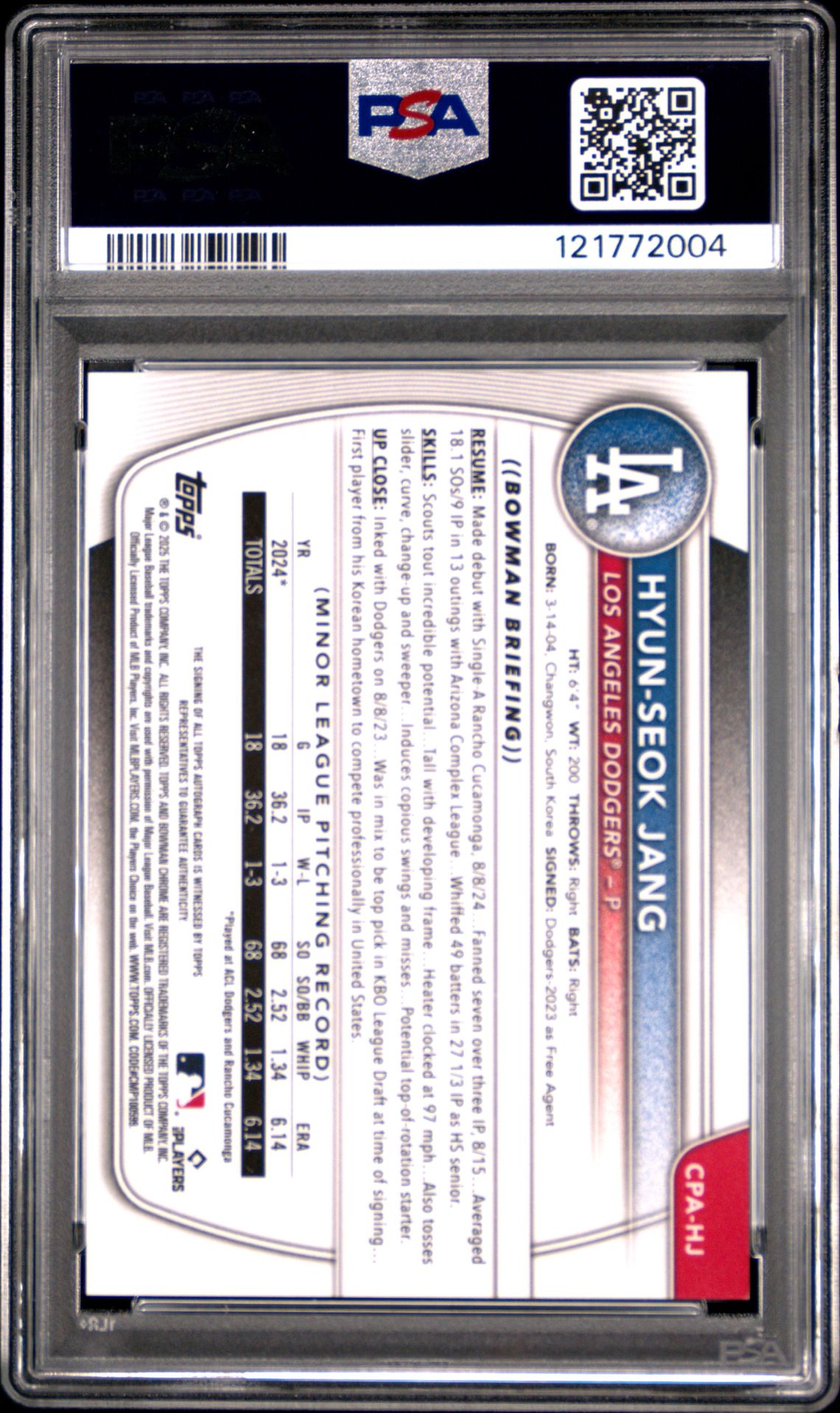 2025 Bowman Chrome Prospect Autographs Hyun-Seok Jang #Cpahj (Chr Pros Au-Blue X-Fractor) Mint 9 back