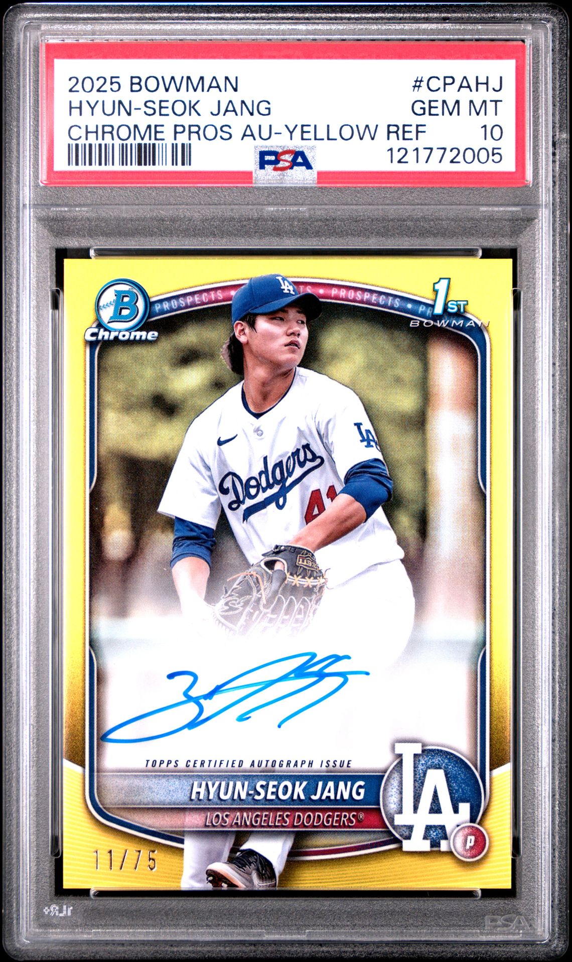 2025 Bowman Chrome Prospect Autographs Hyun-Seok Jang #Cpahj (Chrome Pros Au-Yellow Ref) Gem Mt 10 front
