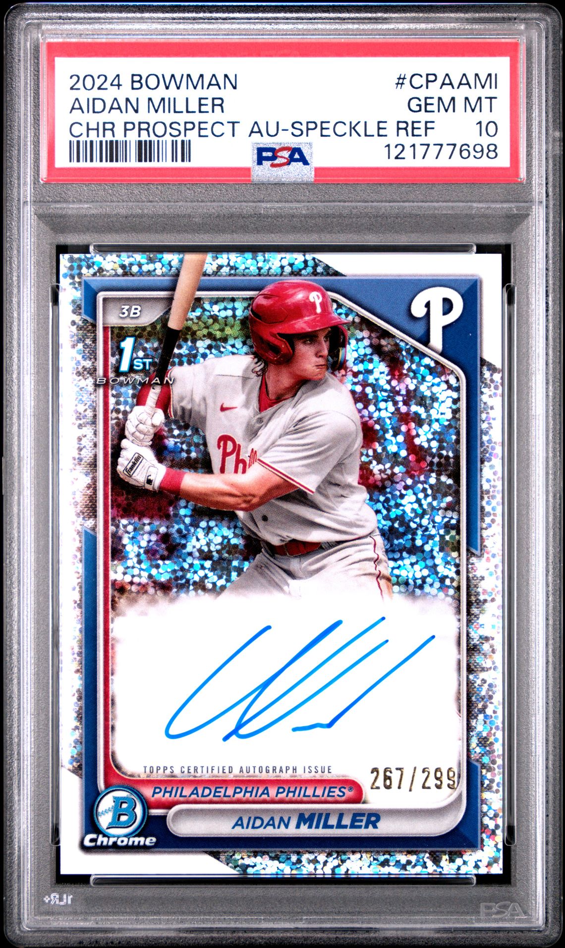 2024 BOWMAN CHROME PROSPECT AUTOGRAPHS AIDAN MILLER CHR PROSPECT AU-SPECKLE REF CPAAMI GEM MT 10 front