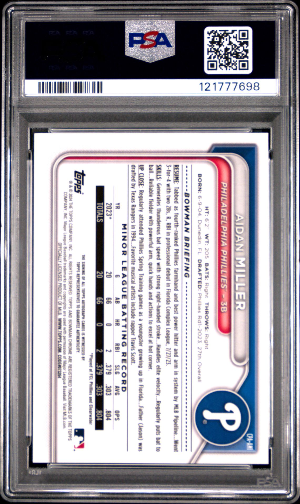 2024 BOWMAN CHROME PROSPECT AUTOGRAPHS AIDAN MILLER CHR PROSPECT AU-SPECKLE REF CPAAMI GEM MT 10 back