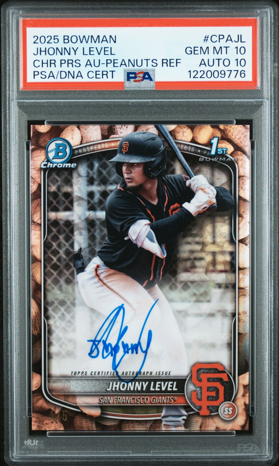 2025 Bowman Chrome BOWMAN CHROME PROSPECT AUTOGRAPHS CHR PRS AU-PEANUTS REF #CPAJL Jhonny Level front