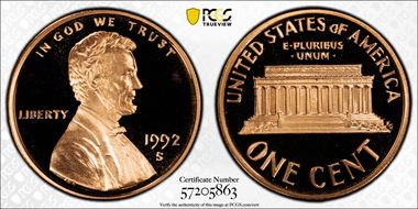 1992-S 1C PR70DCAM