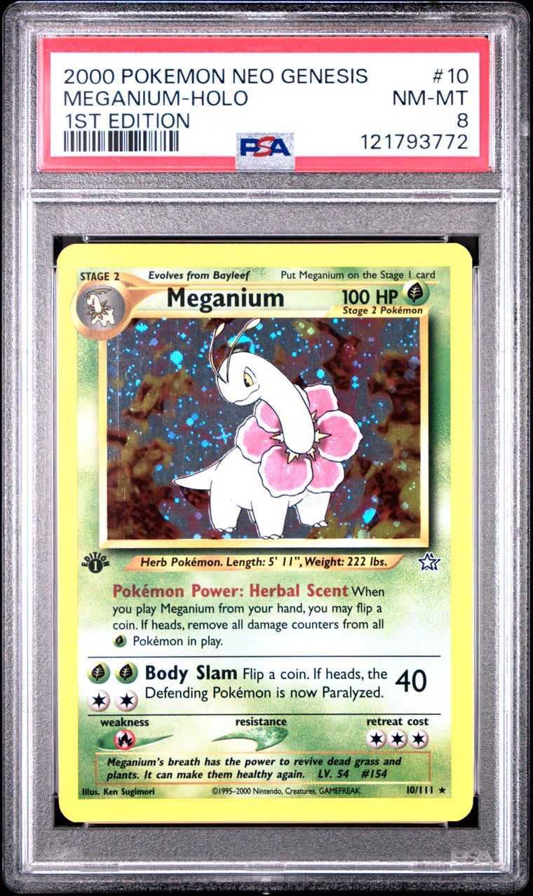 2000 #10 MEGANIUM-HOLO PSA 8 POKEMON NEO GENESIS 1ST EDITION