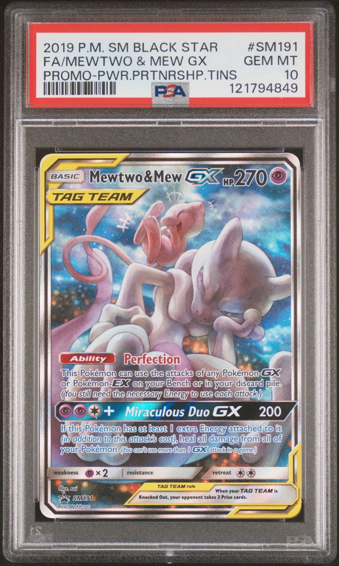2019 Pokemon POKEMON SM BLACK STAR PROMO PWR.PRTNRSHP.TINS #SM191 Fa/Mewtwo & Mew Gx front