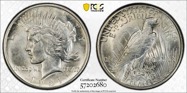 1921 $1 High Relief, Peace AU58