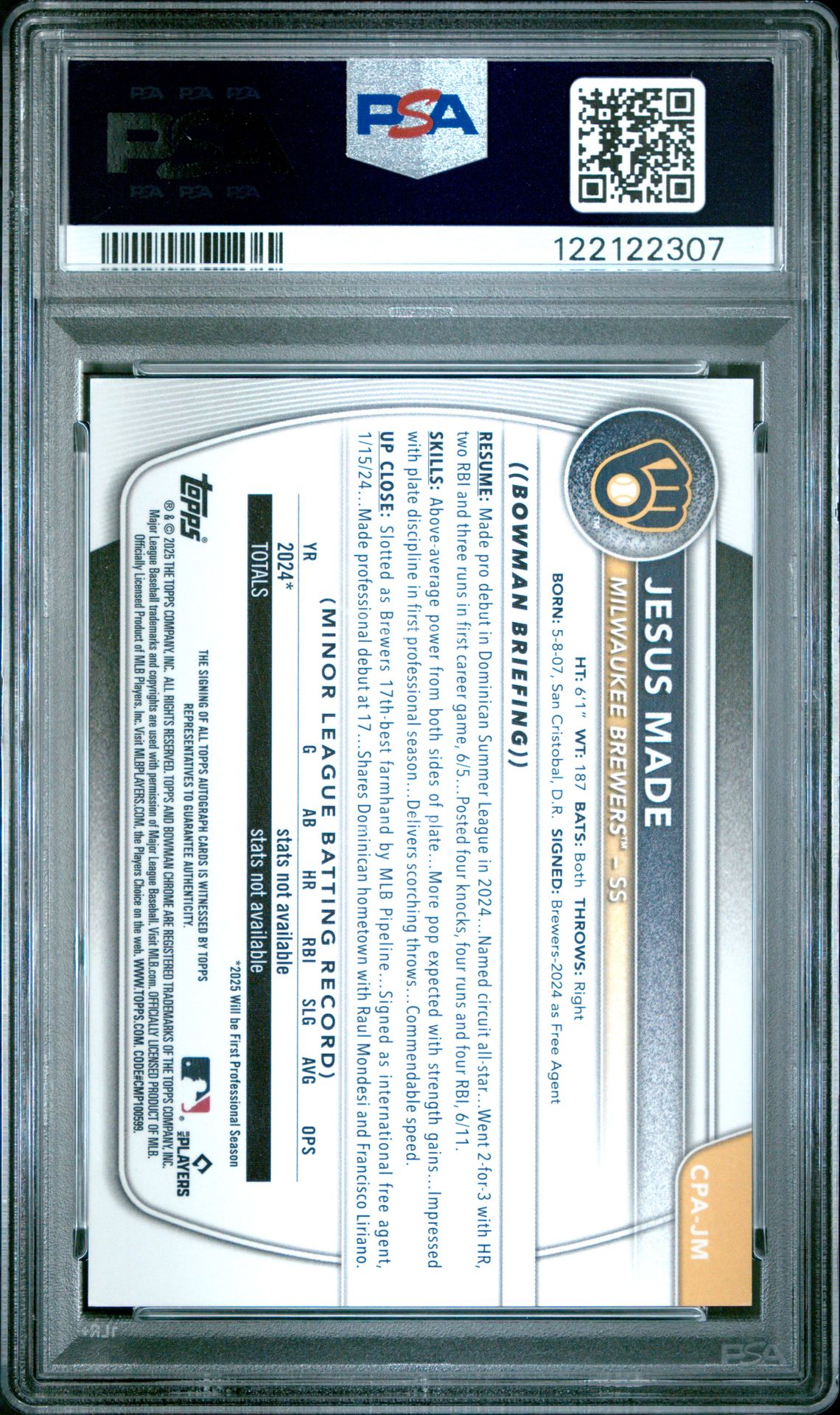 2025 Bowman Chrome Prospect Autographs Jesus Made #Cpajm Gem Mt 10 back